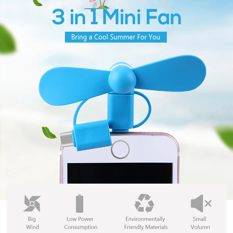Wholesale Price Strong Mini Phone Fan 3in 1 Fan Compatible with iPhone, iPad, Android Smartphones, Tablets USB Type C