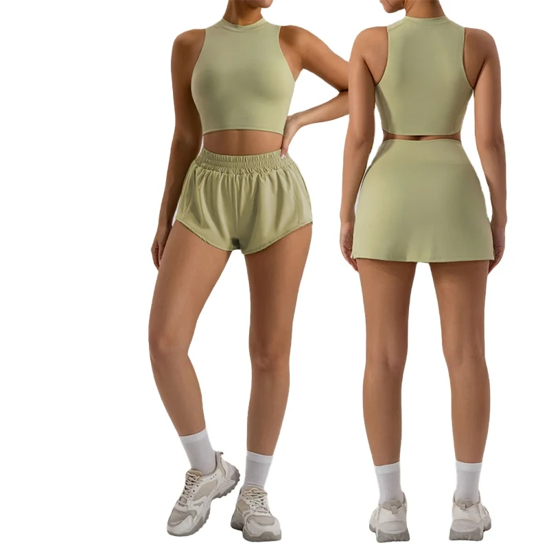Yoga Suit Breathable Workout Solid Gym Wear Women Sports Tank Top Gym Fitness Sets Tennis Skirt Set Wear