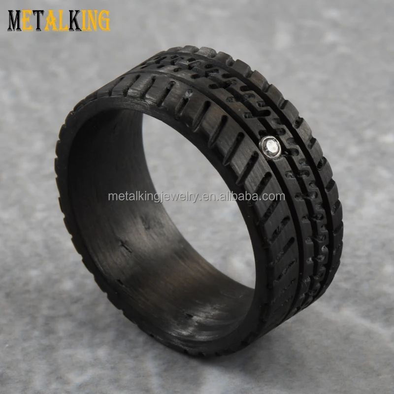 10mm Truck Tire Pattern and A Cubic Zirconia Inlay Black Carbon Fiber Wedding Band Ring for Men