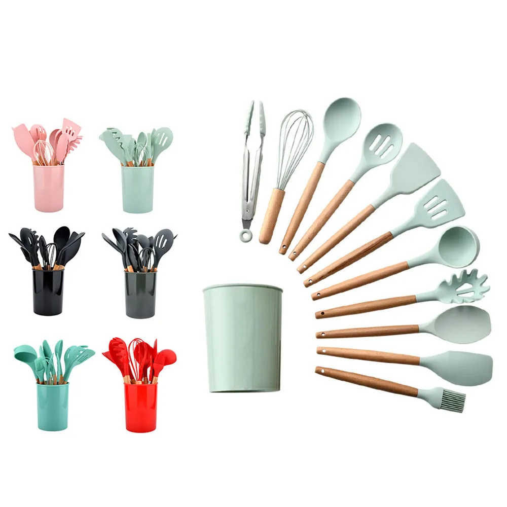 Многофункциональные Наборы кухонных принадлежностей, кухонные принадлежности с деревянной ручкой, 12 шт. силиконовых кухонных принадлежностей, набор кухонных принадлежностей из силикона