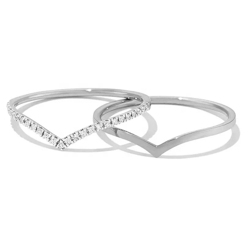 Milskye gift jewelry 925 sterling silver 18k gold pave cz diamond V shape double layer wedding ring