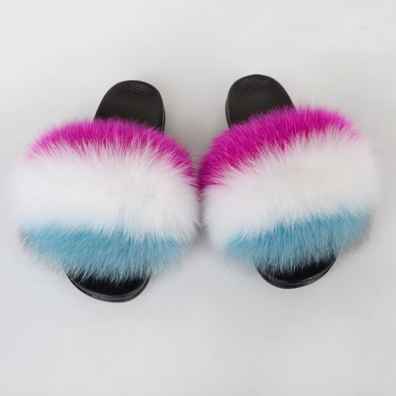 
Wholesale Customized Colors New style Slides Sandals Soft Fox and Raccoon Fur Flippers Women 