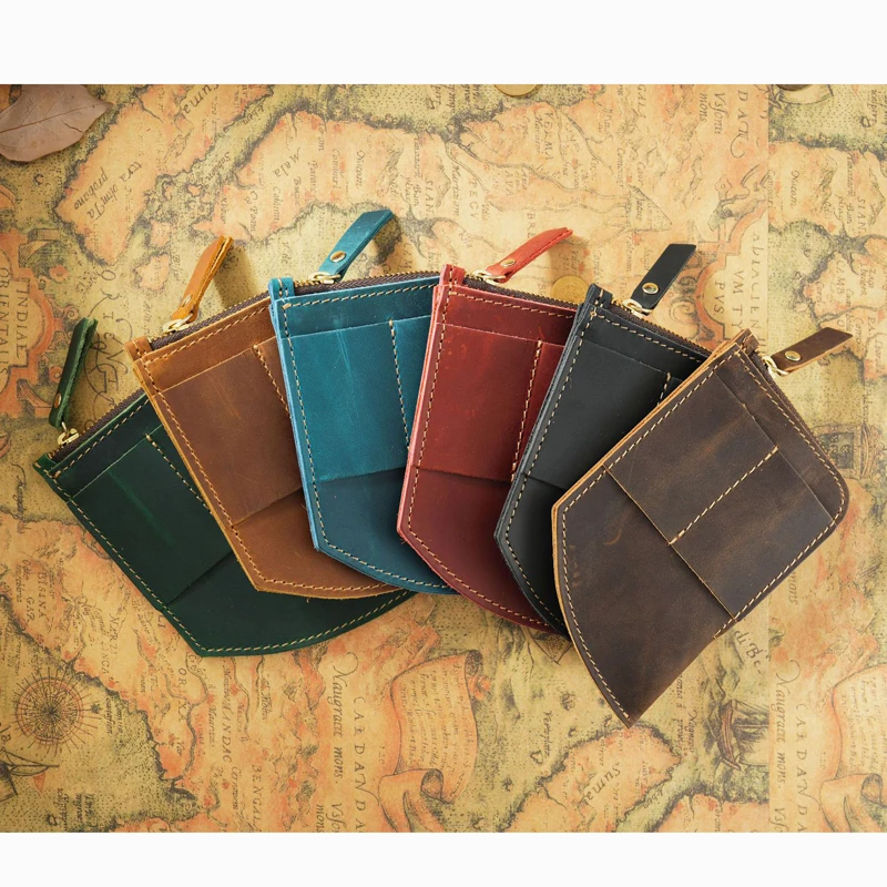 Wholesale New Men Women Vintage Card Holder Wallet Crazy Horse Genuine Leather Zipper Coins Purse Cards Holder with Pens Holder