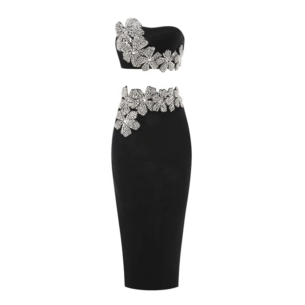 Luxury Sexy Bandage Dress 2-Piece Sets Shiny Diamonds Flower Strapless Evening Party Dresses Set for Woman 2024