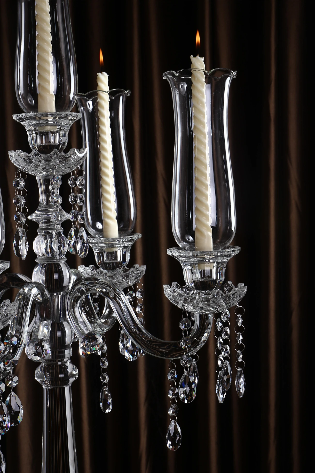 New luxury 5 arms K9 Crystal  candelabra Wedding Centerpiece wholesale Tall Glass Tubes Candle Holder with Lampshade for sale