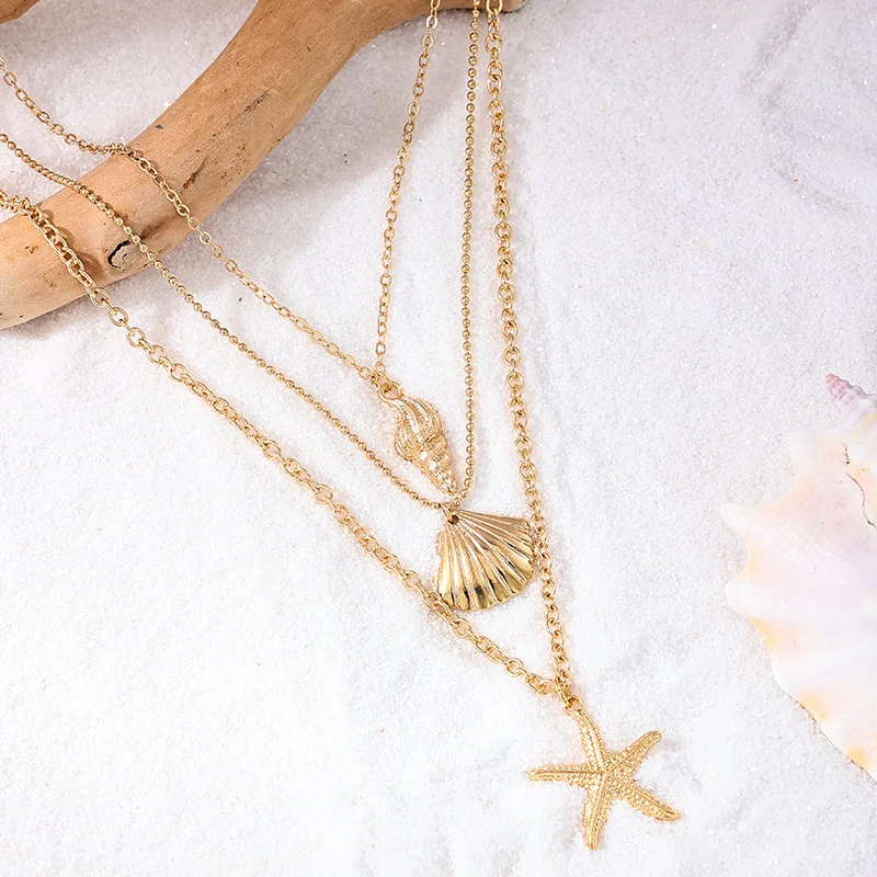 Vintage Gold Conch Shell Necklace Triple Layer Cable Chain Stacked Starfish Necklace for Women Beach Vacation Party Jewelry