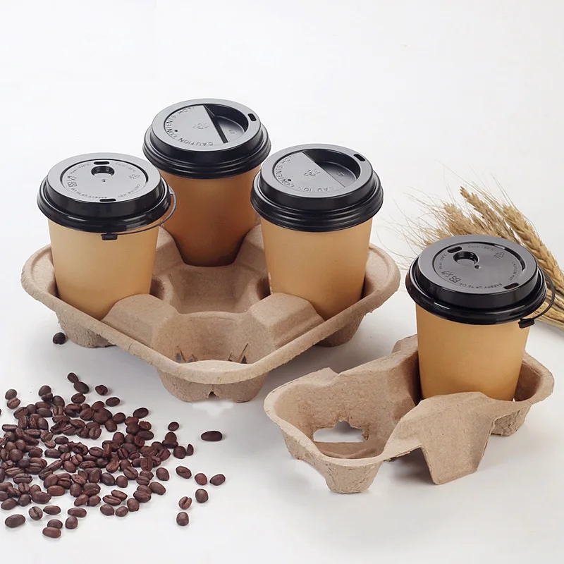 Biodegradable Disposable 4 Pack Pulp Paper Cup Carrier Holder Tray  Paper Pulp Cup Holder