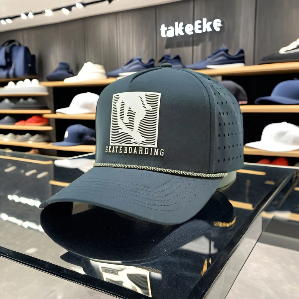 Wholesale Custom 5 Panel Rubber PVC Logo Dad Hat Performance Sports Baseball Cap with Waterproof Laser Cut Perforated Hole