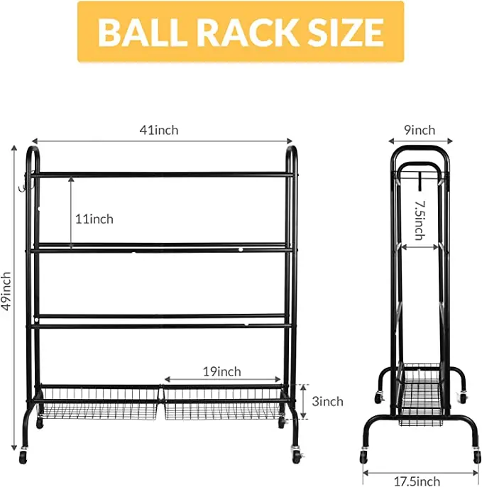 Sports Equipment Storage with Wheels, Four-Layer Organizer Holder with Two Basket for Basketballs Footballs Volleyball