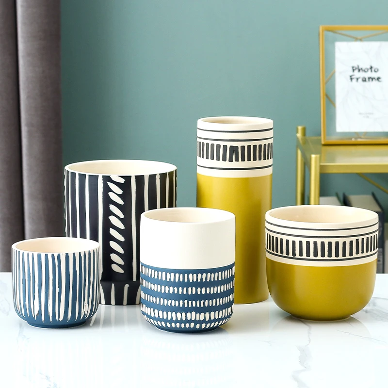 Home decor ceramic porcelain flower vase simple striped decoration vases indoor pots for plants flower