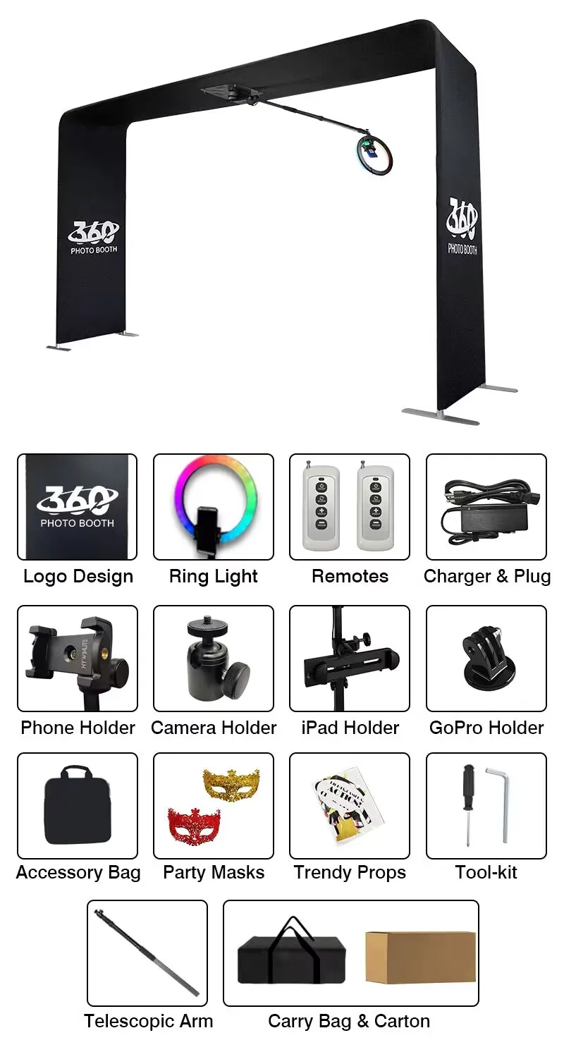 New automatic selfie 360 degree rotating top spinner overhead video camera booth with curved arm for aerial party