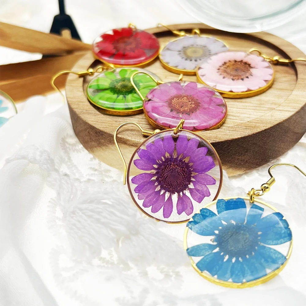 Fashion Gold Filled handmade Bohemian Resin Dried birth month Flowers daisy Stainless Steel Earrings hook For Party