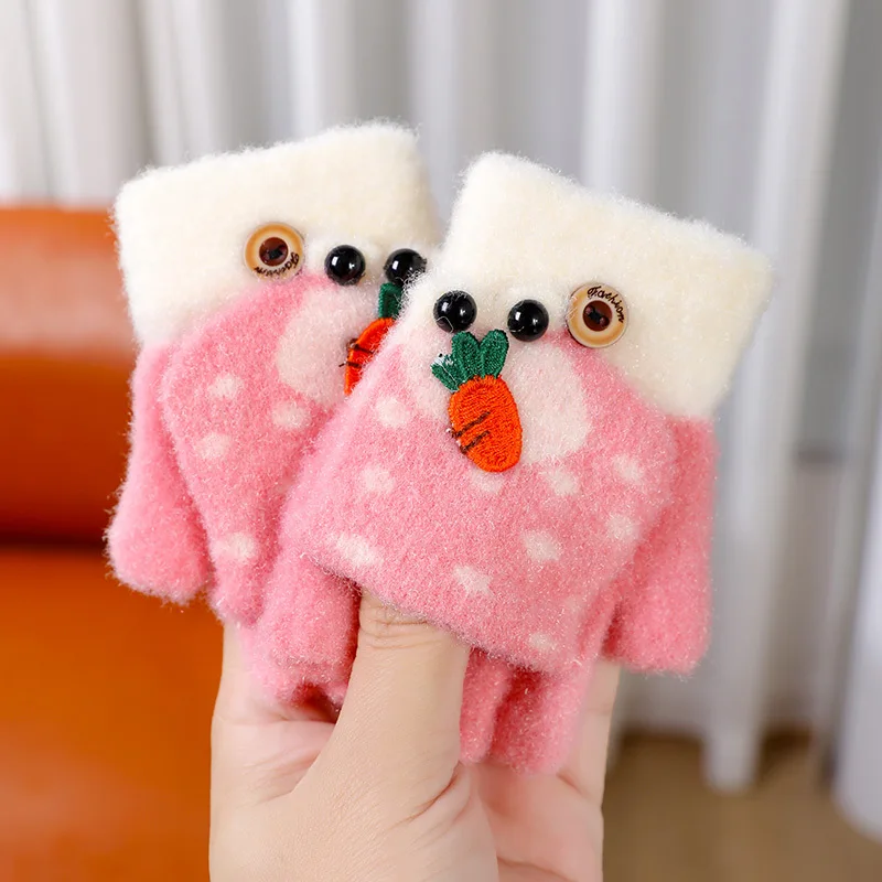 Convertible Flap Cover Kids Knitted Warm Fingerless Gloves With Adorable Rabbit Pattern For Girls Boys