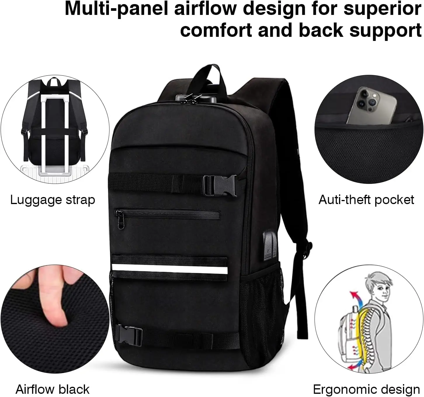Water Resistant 17 inch Laptop Backpack with USB Charging Port Anti-Theft Confortable Skateboard Bag Sport Skateboard Backpack