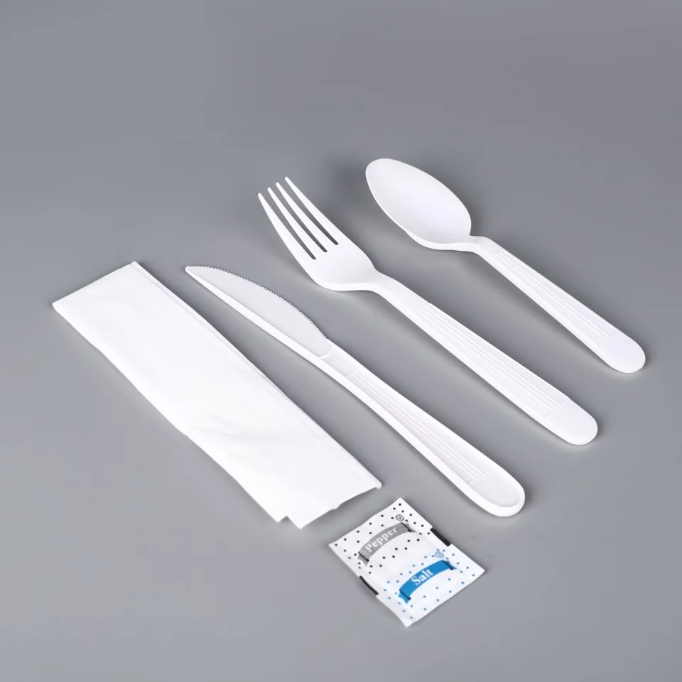 Heavy Weight Plastic Disposable Plane Cutlery Flatware Kits Knife Fork Spoon Napkin Utensils Black Cutlery Set