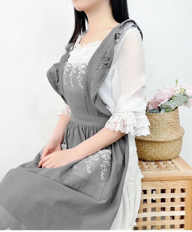 DUOLAI Ruffles Lace Shoulder Belt Apron For Female Summer Breathable Mesh Red Girl Cotton Linen Garden Baking Fly New Apron