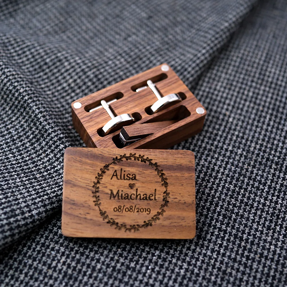Custom Logo Rustic Walnut Wooden Round Cuff Links Tie Clip and Cufflink Sets With Organizer Box for Business Men Gift