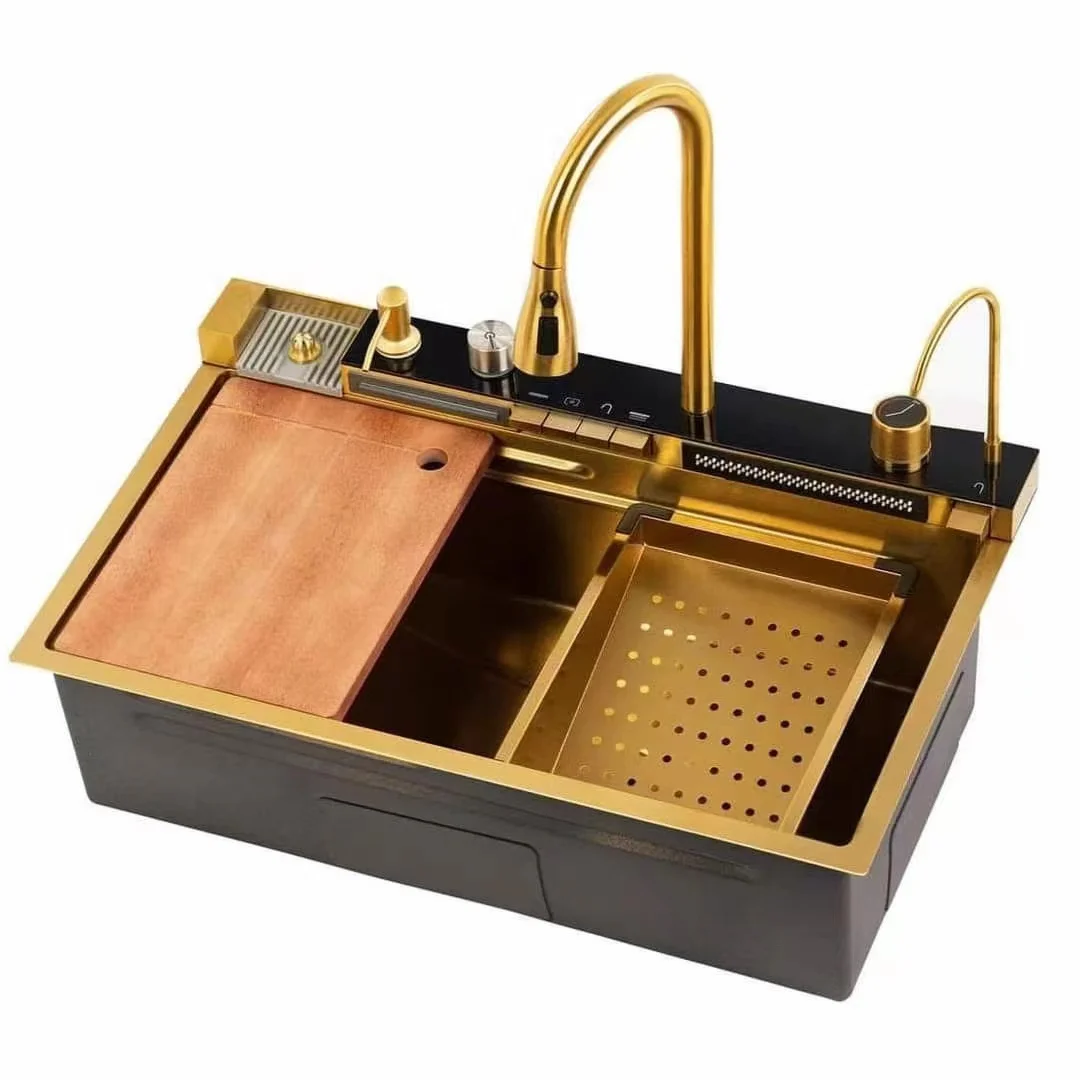 Modern Black Gold Nano Waterfall Kitchen Sink Smart 304 stainless steel handmade kitchen sink with cup washing machine