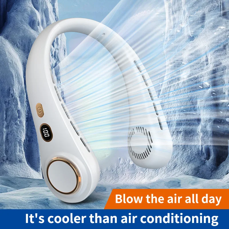 2024 Best Seller 1500mAh Bladeless Turbine Fan Portable Outdoor Hanging Rechargeable 5 Speeds Neck Fan With Digital Display