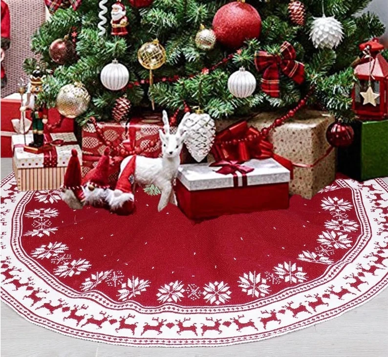 Knitting Christmas Tree Skirt Rustic with Snowflake and Reindeer Red for Indoor Holiday Party Christmas Tree Apron