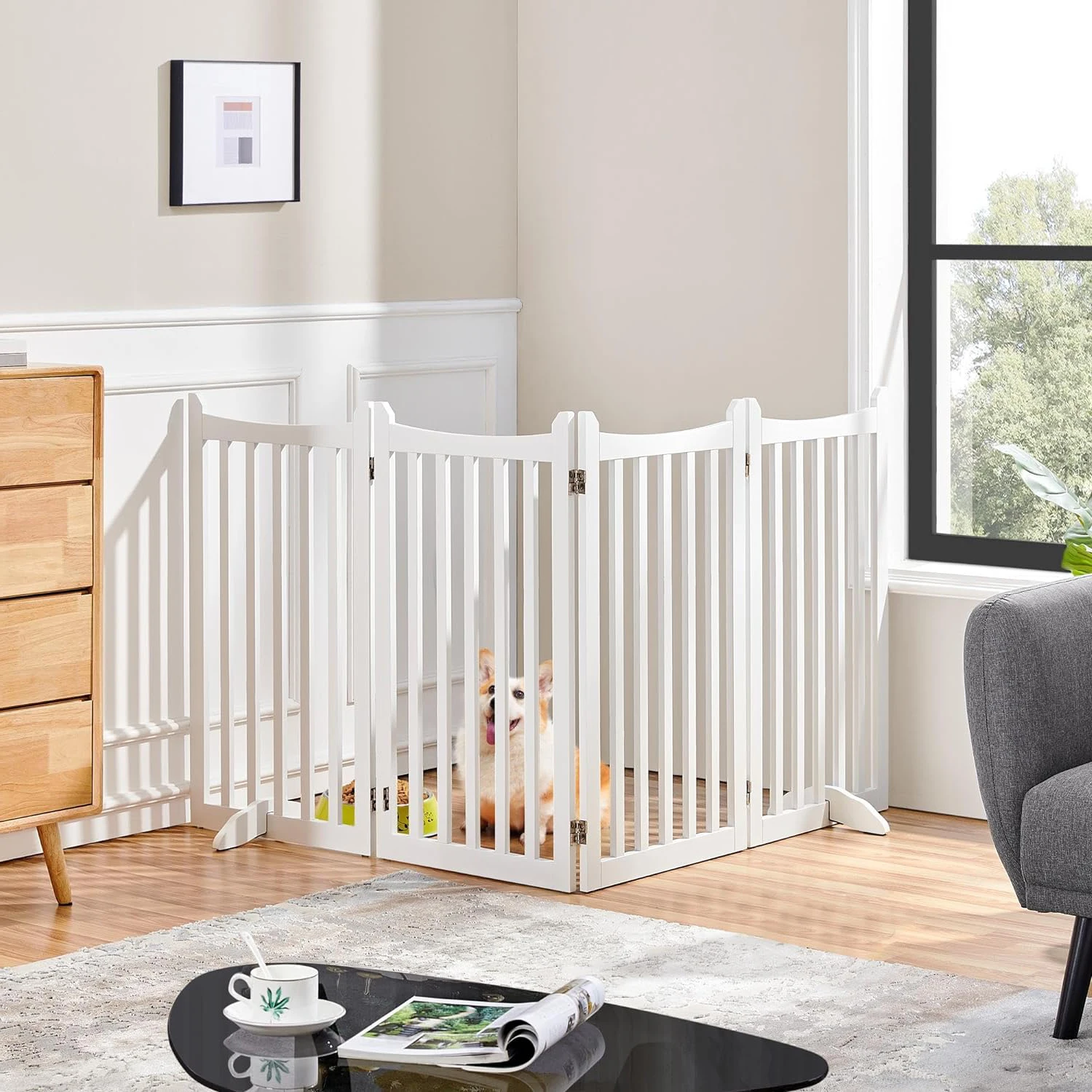 Extra Tall Freestanding Pet Gate 4-Panel Wooden Dog Fence with 2 Support Feet Folding Dog playpen