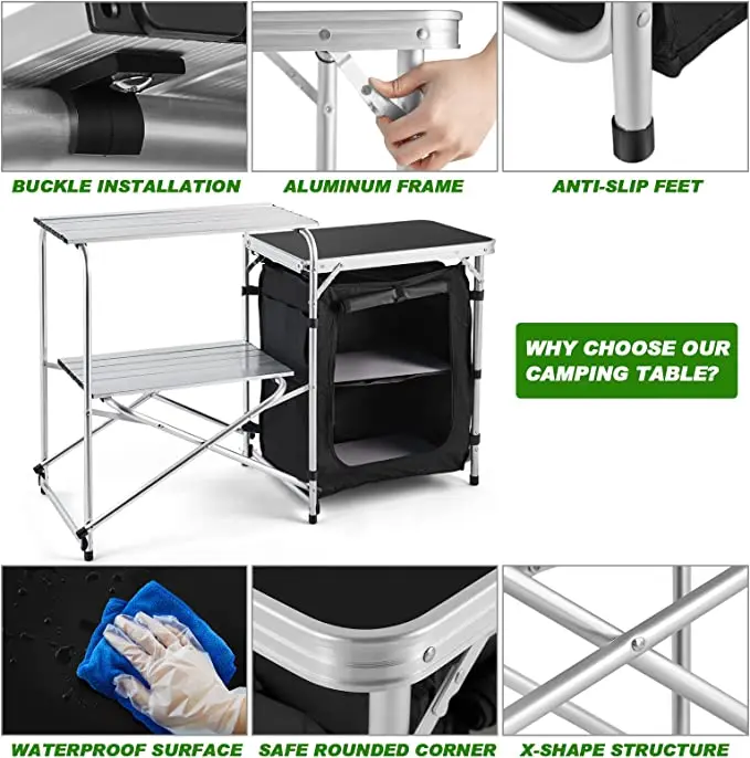 NPOT Camping Kitchen Table, Aluminum Outdoor Folding Grill Cook Station with Storage Organizer, 2 Side Tables for BBQ Picnic