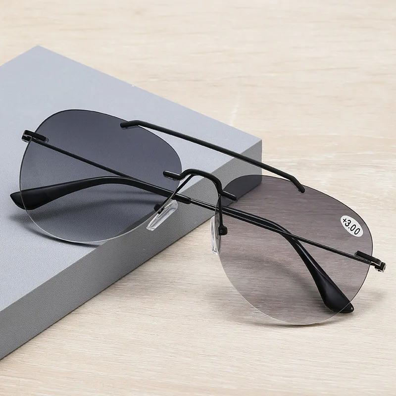 Wholesale Rimless Bifocal Reading Sun Glasses UV400 Far Near Dual-use Double Light Reading Glasses