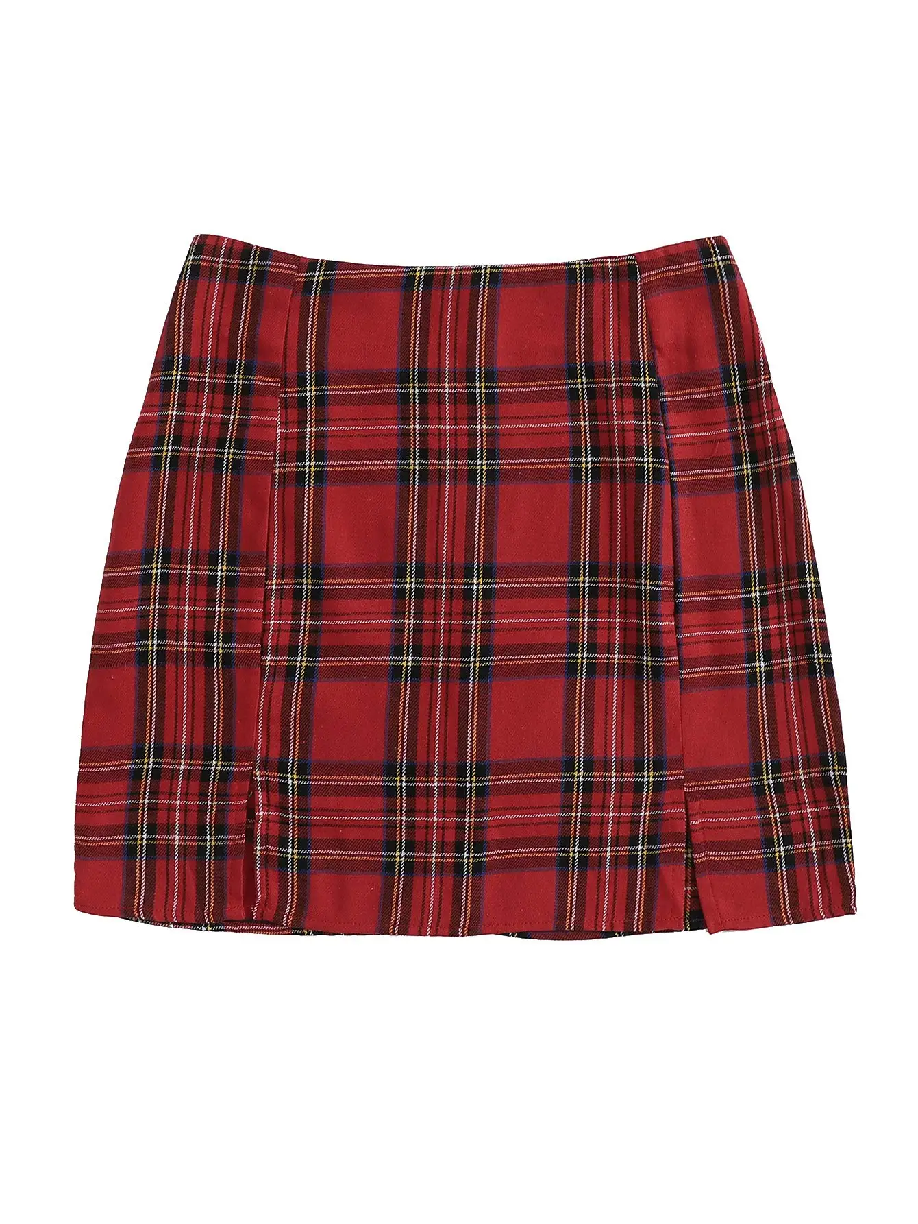New Arrival Fashion Custom Logo Women High Waist Split Front Zip Up Bodycon Skirt Red Plaid Mini Skirt