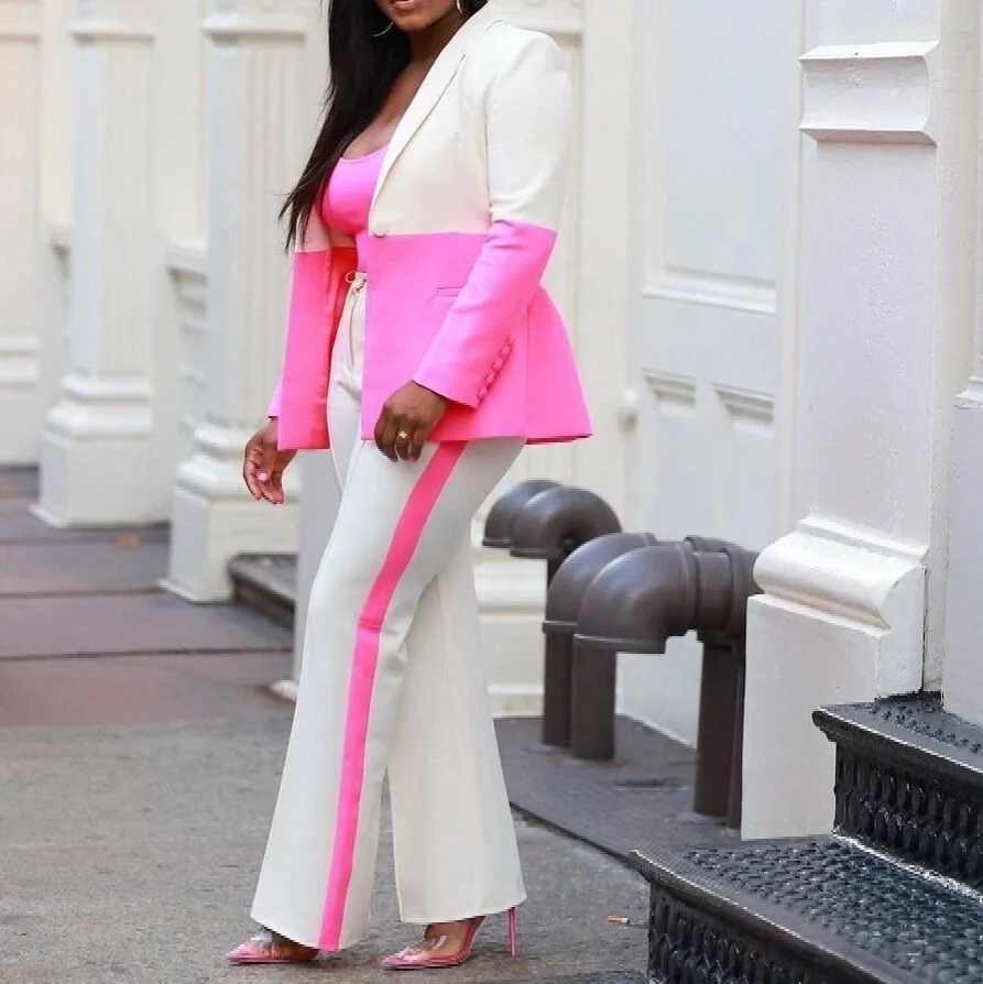 Trendy Elegant Fashion New Fall Winter Patchwork Color Blocking 2 Piece Set Blazer And Pants Two Piece Suit Women