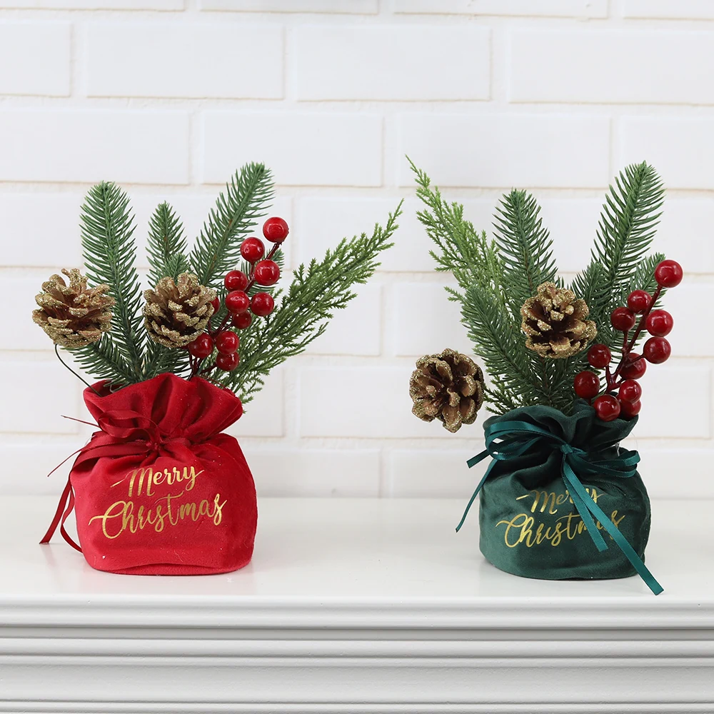 Artificial Christmas Tree With Red Berry Flower Pine Cone Mini Tabletop Tree Xmas Home Decorations