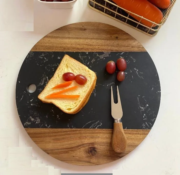 12inch Marble Cheese Board with Acacia Wood Accent - Charcuterie Board for Two - Round Marble and Wood Cheese Board - Marble Cut