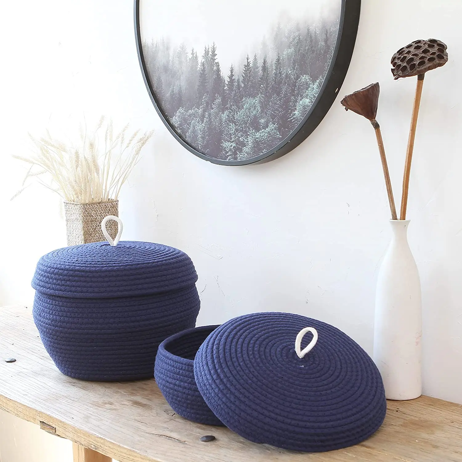 QJMAX Collapsible Decorative Woven Round Cotton Rope Storage Basket With Lid