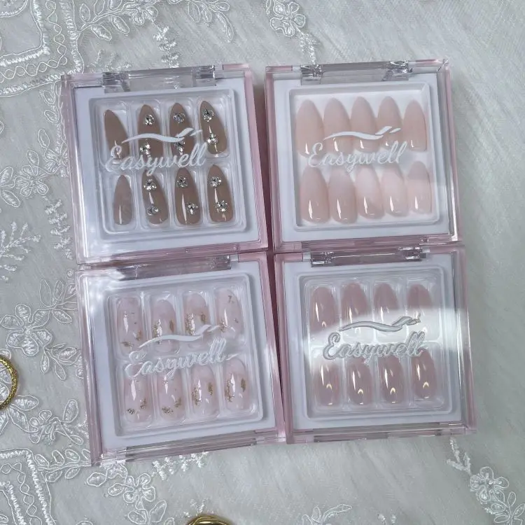 Luxury Bling Pink High Quality  False 3d Acrylic Design  Custom Press On Nails With Rhinestones And Box
