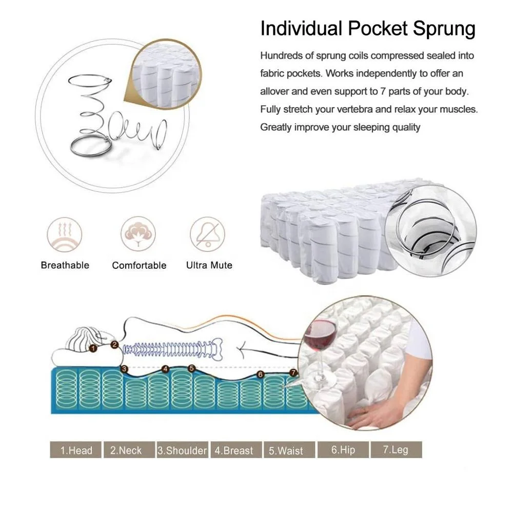 Factory Customized Luxury Colchon Matelas Queen Size 7 Zone Latex Mattress Pocket Spring 25cm Roll up Hybrid Bed Hotel