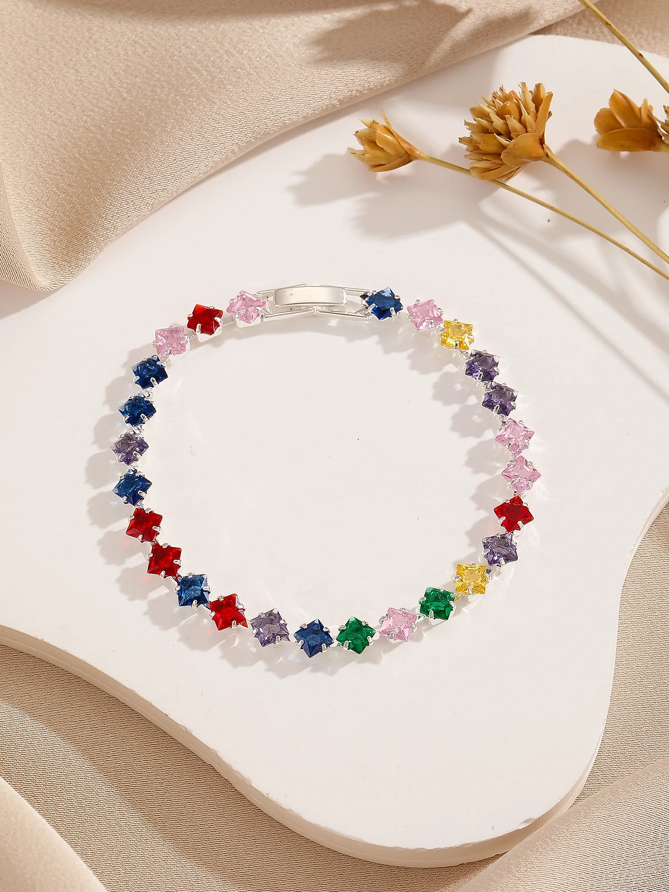 Versatile High-End Diamond-Studded Thin Crystal Bracelet New Style Personalized Trend for Parties Colorful Brass Jewelry