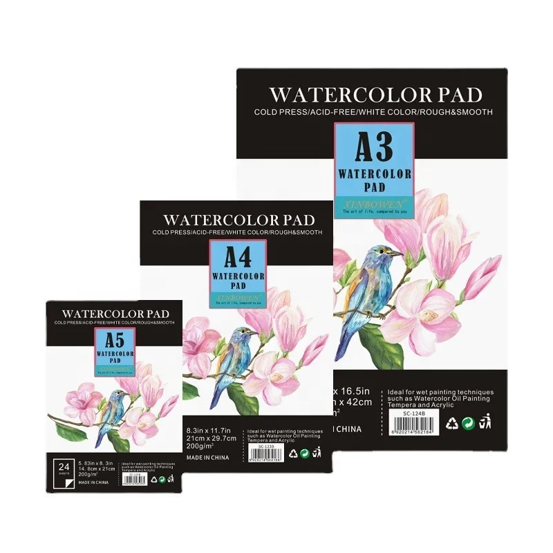 Customized A3 A4 A5 Watercolor Pad 180Gsm And 200Gsm 24 Sheets Drawing Watercolor Paper Pad for Art