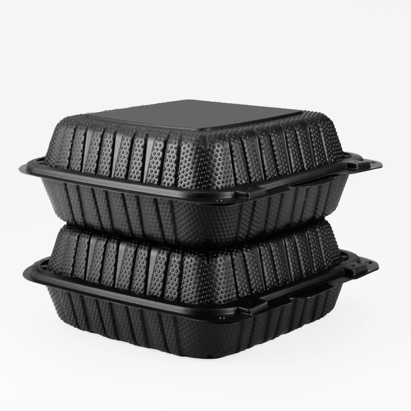 pp801 to go 8 x 8 inch mfpp hinged lid microwave food containers eco-friendly  food packing black color heavy duty clamshell