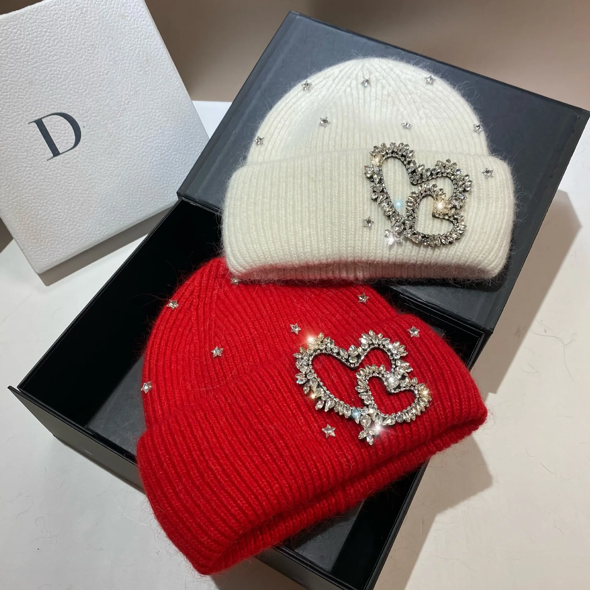 South Korea Heavy Industry Winter Outdoor Warm Ear Protection Beanies Sweet Wool Rhinestone Love Rabbit Hair Knitted Hat Cold