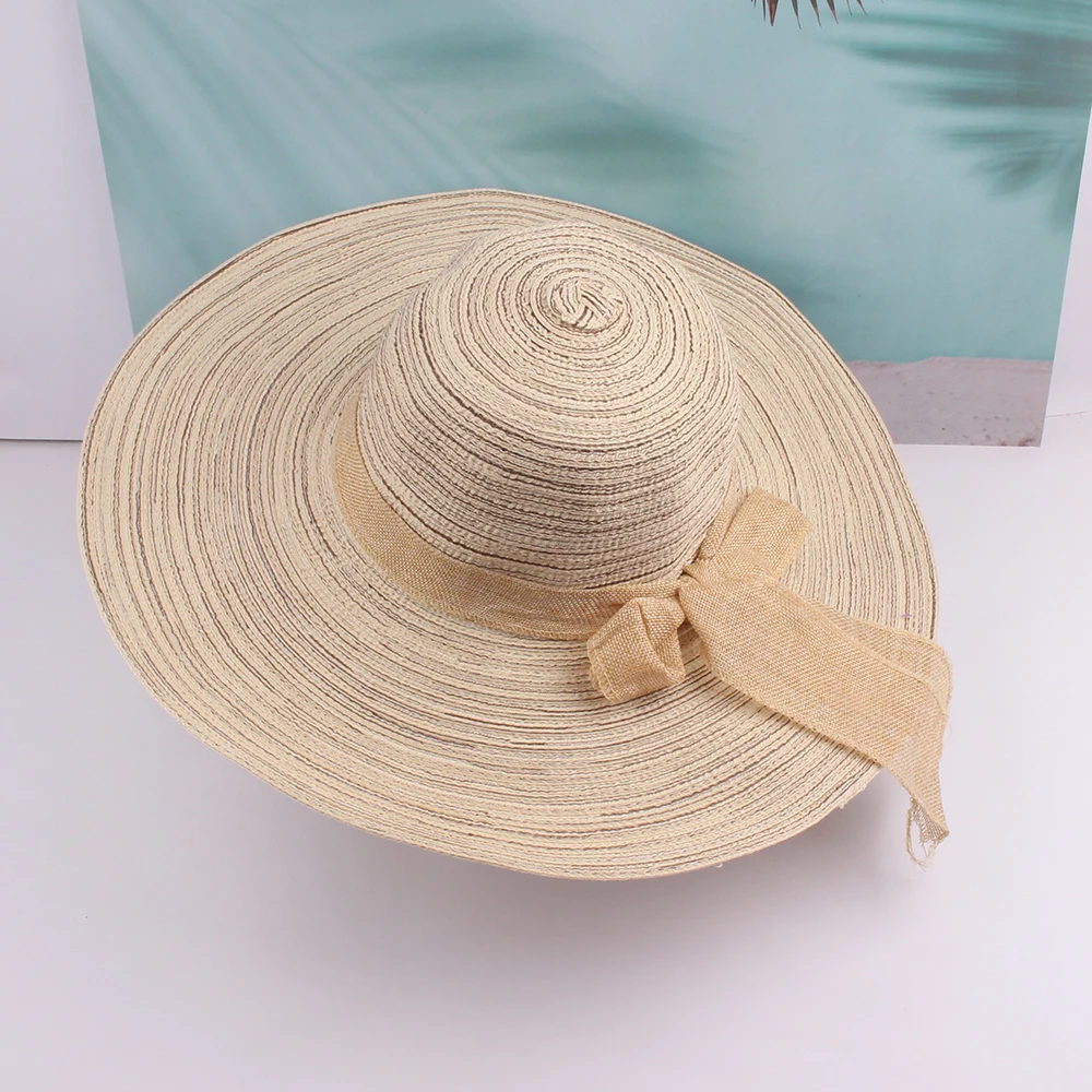Foldable Large Wide Brim Straw Hat with Ribbon Custom Paper Straw Panama Top Hat Women Wholesale Sun Protection Sunhat