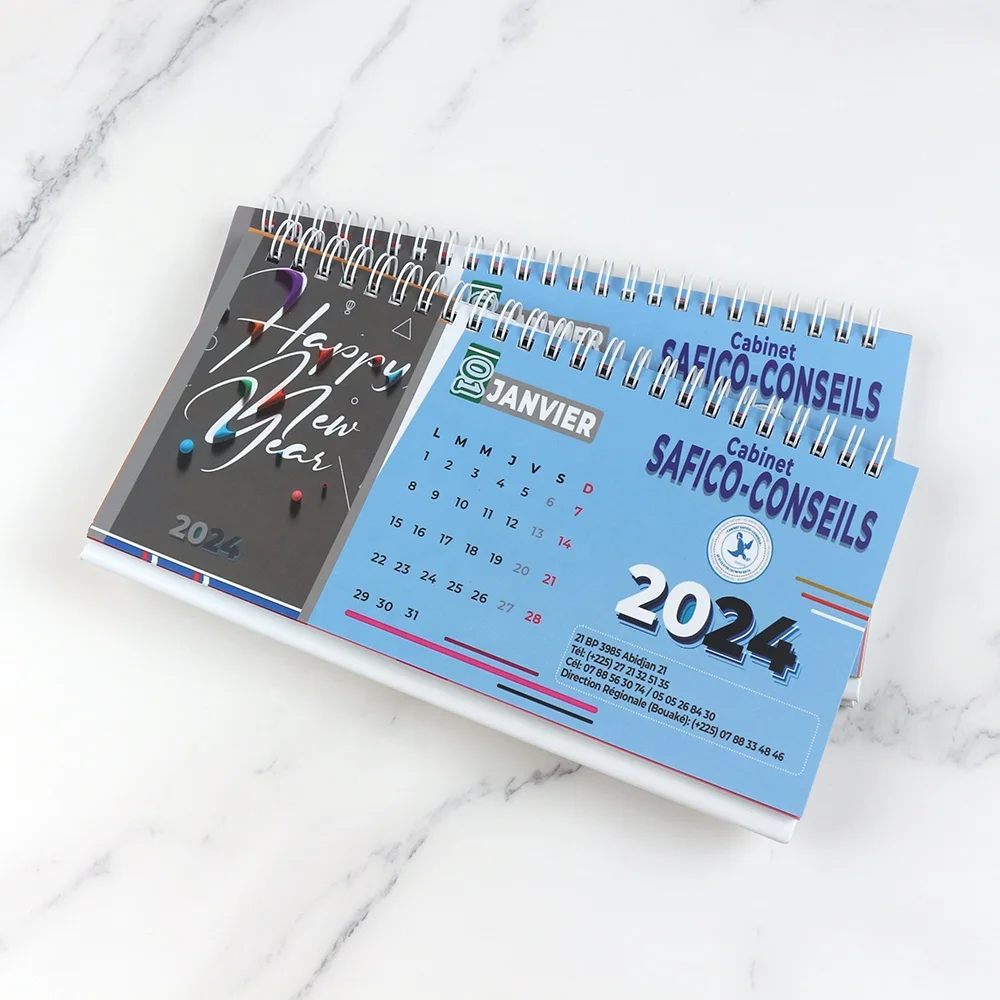 Promotional Custom Logo Printed Spiral Wire Monthly Stand Flip Long Unique Table Desk Calendar 2024