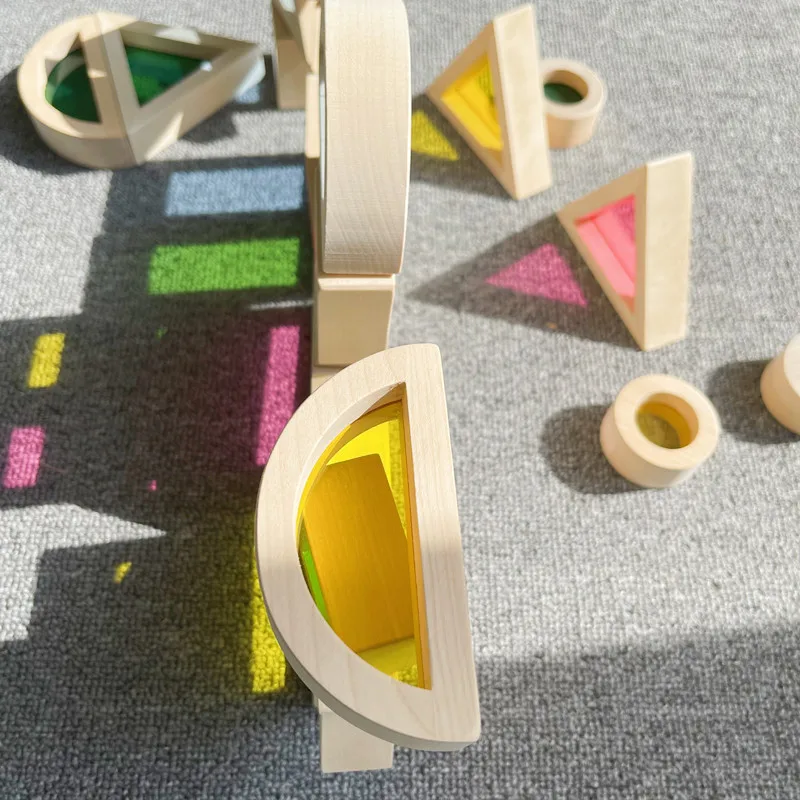 Baby Montessori Kids Toy Educational Toy Rainbow Acrylic Wooden Building Blocks