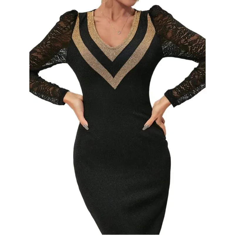 The new design pattern contrast color lace bubble sleeve sequins tight elegant evening dress for women