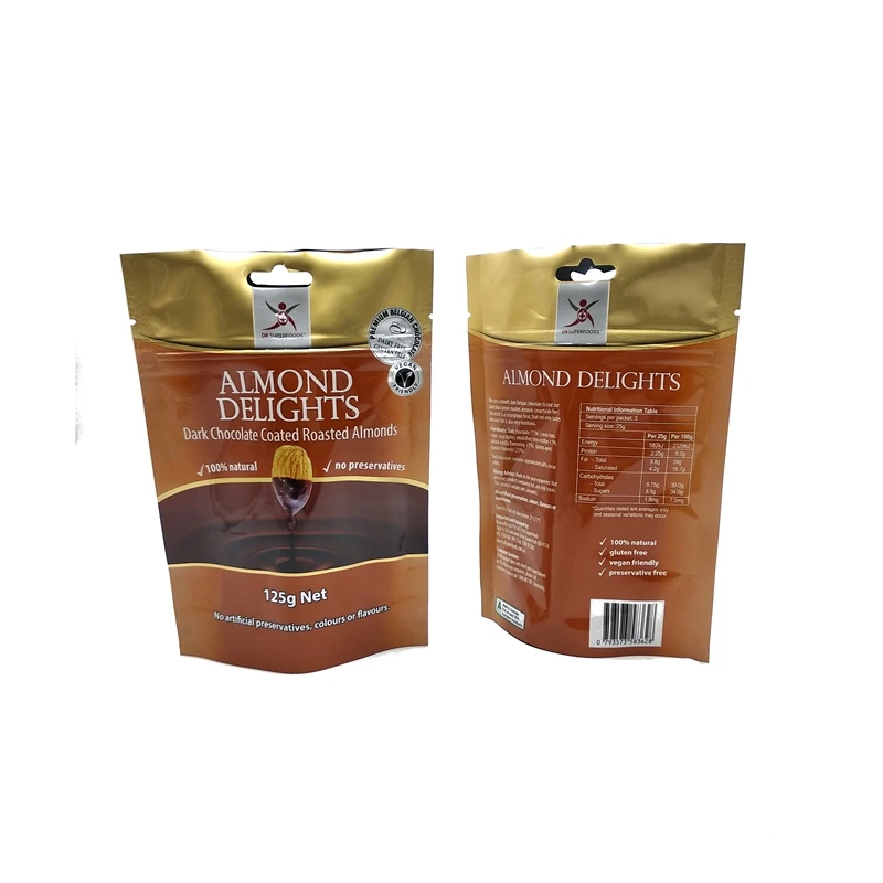 Custom Plastic Food Storage Bag Dark Chocolate Coated Roasted Almonds Zipper Bags 100% Natural 125g Net