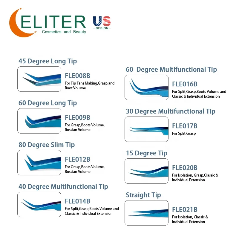 ELITER In Stock Beauty Tools Blue Eyelash Tweezers Straight Eyelash Tweezer Personalized Eyelash Tweezers