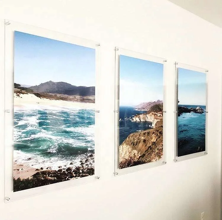 Manufacturer custom wall mounted clear acrylic floating picture photo frame for art paint with metal standoffs