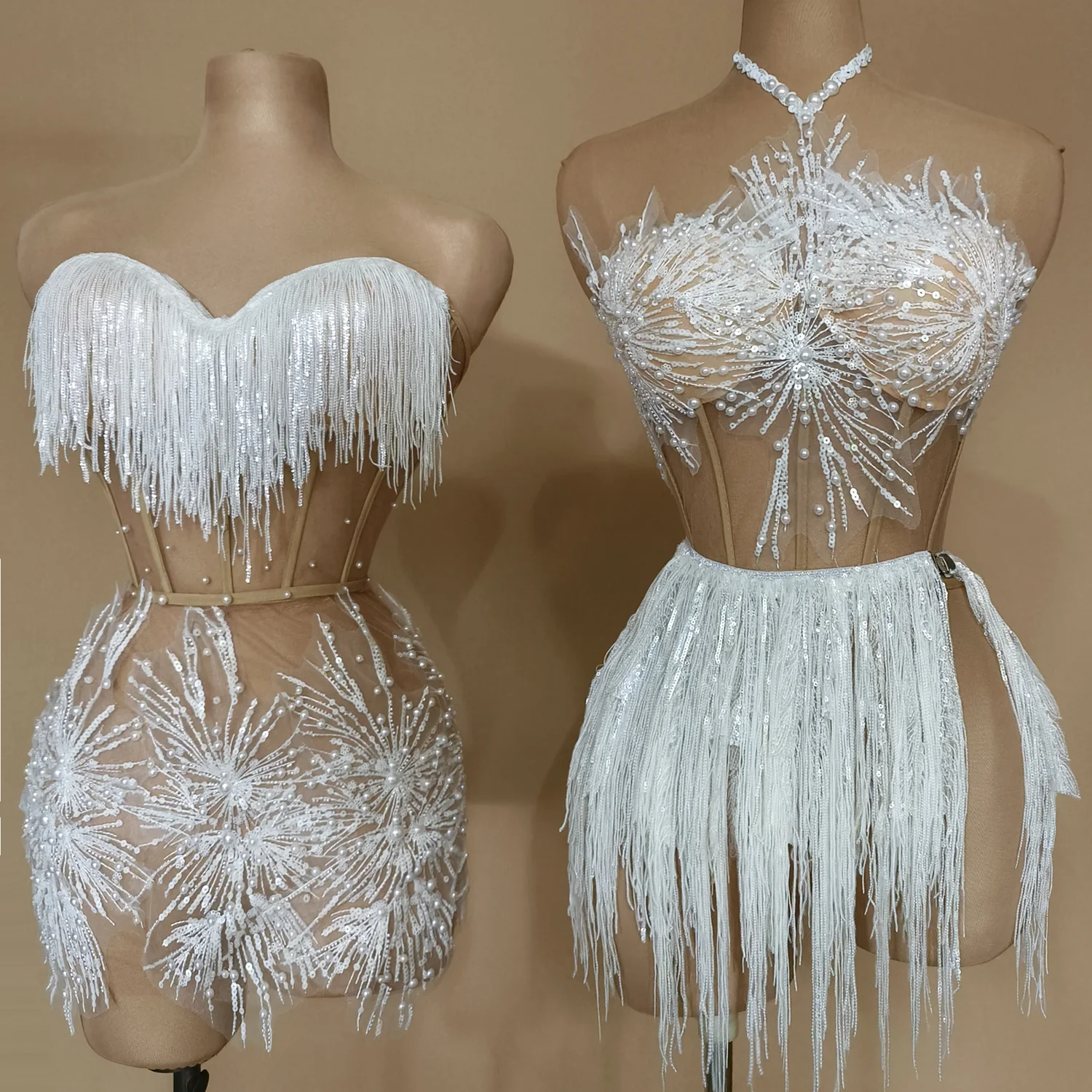 Vestido Sexy Pearl Sequin Tassel Strapless Prom Mini Dresses Elegant Backless Show Exotic Dancer Wear Women Night Club Dresses