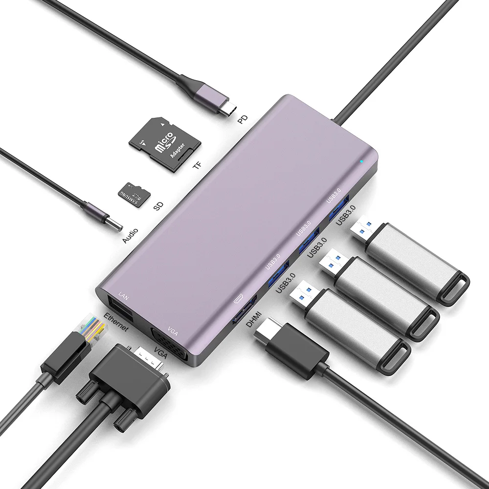 Aluminum Alloy 9 Ports USB C Hub Docking Station with USB 3.0+VGA+PD+LAN+SD/TF Slot+ for Laptop Macbook