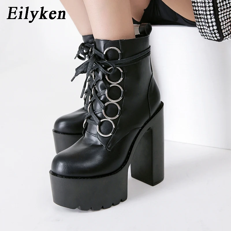 Eilyken 2023 Trend Design Platform Ankle Boots Women Round Toe T-tied Chunky High Heel Modern Booties Ladies Shoes