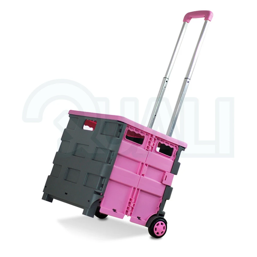 Quali New Handcart Shopping Trolley Wheel Box with Lid Collapsible plastic picnic camping basket