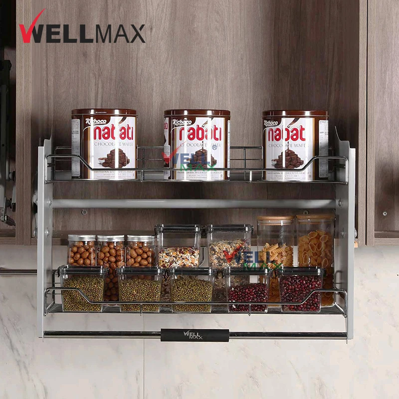 WELLMAX Pull Down Kitchen Cabinet Shelves Bowl Dish Rack Lifting Elevator Wire Basket